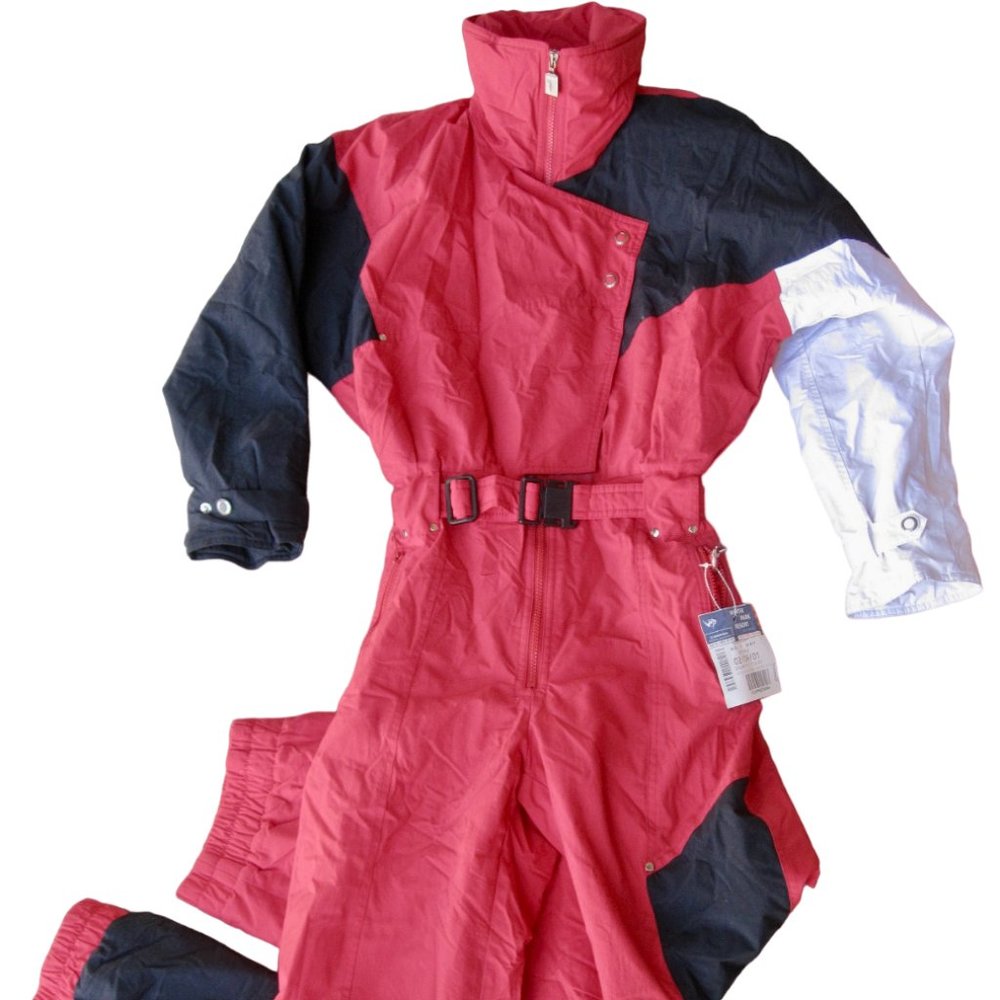 Vintage Tyrolia 1-Piece Red Black Colorblock Ski Bib Snowsuit Womens S Gaper Day